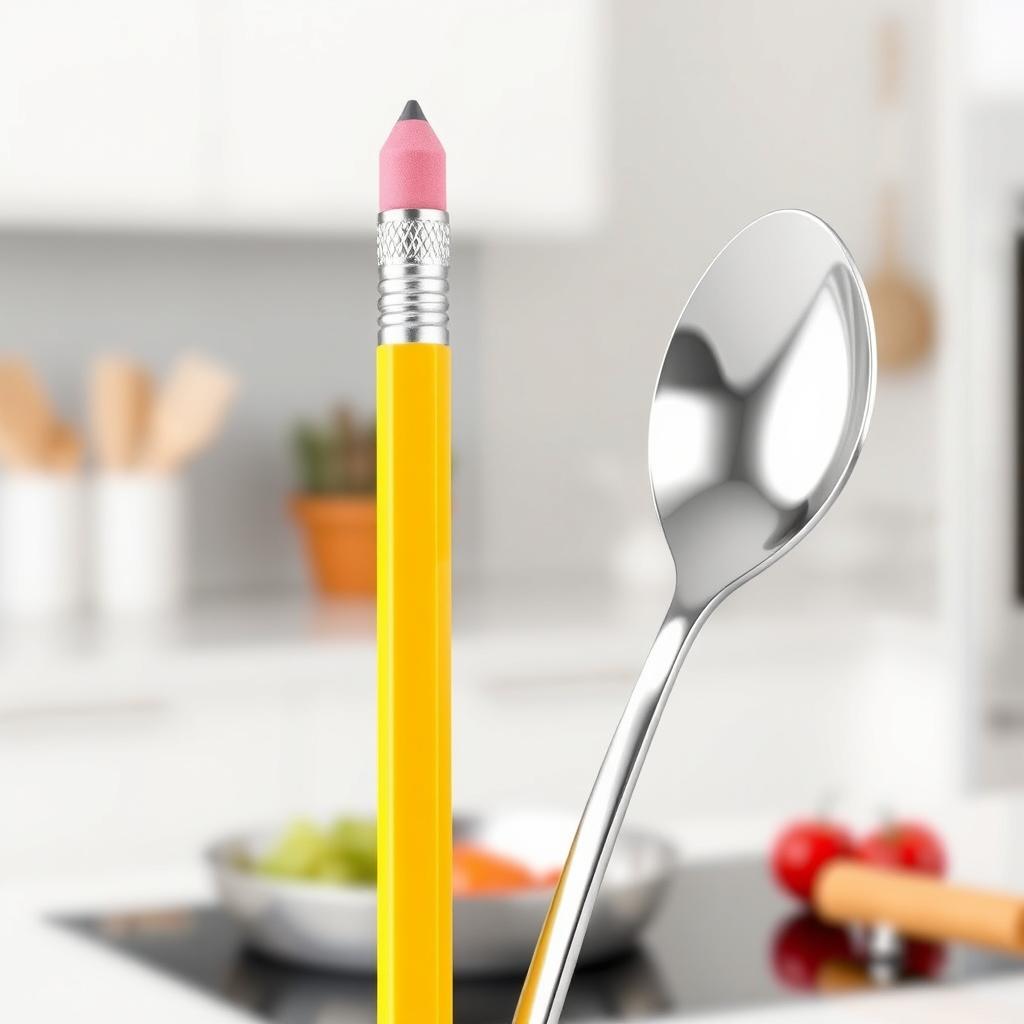 A creative and whimsical kitchen utensil design featuring a pencil that also functions as a kitchen spoon