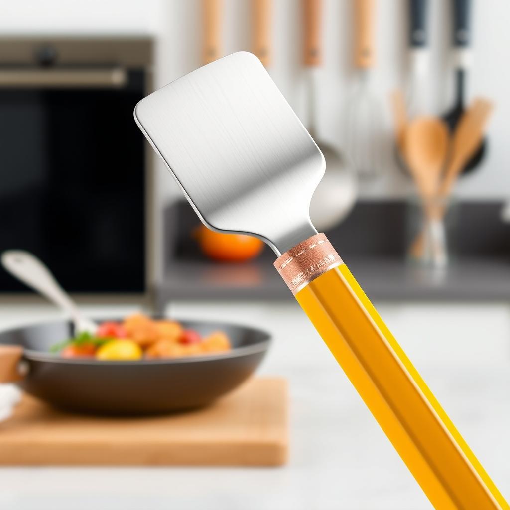 A pencil designed to function as a kitchen spatula, showcasing a unique blend of traditional pencil design with a sleek, flat spatula head