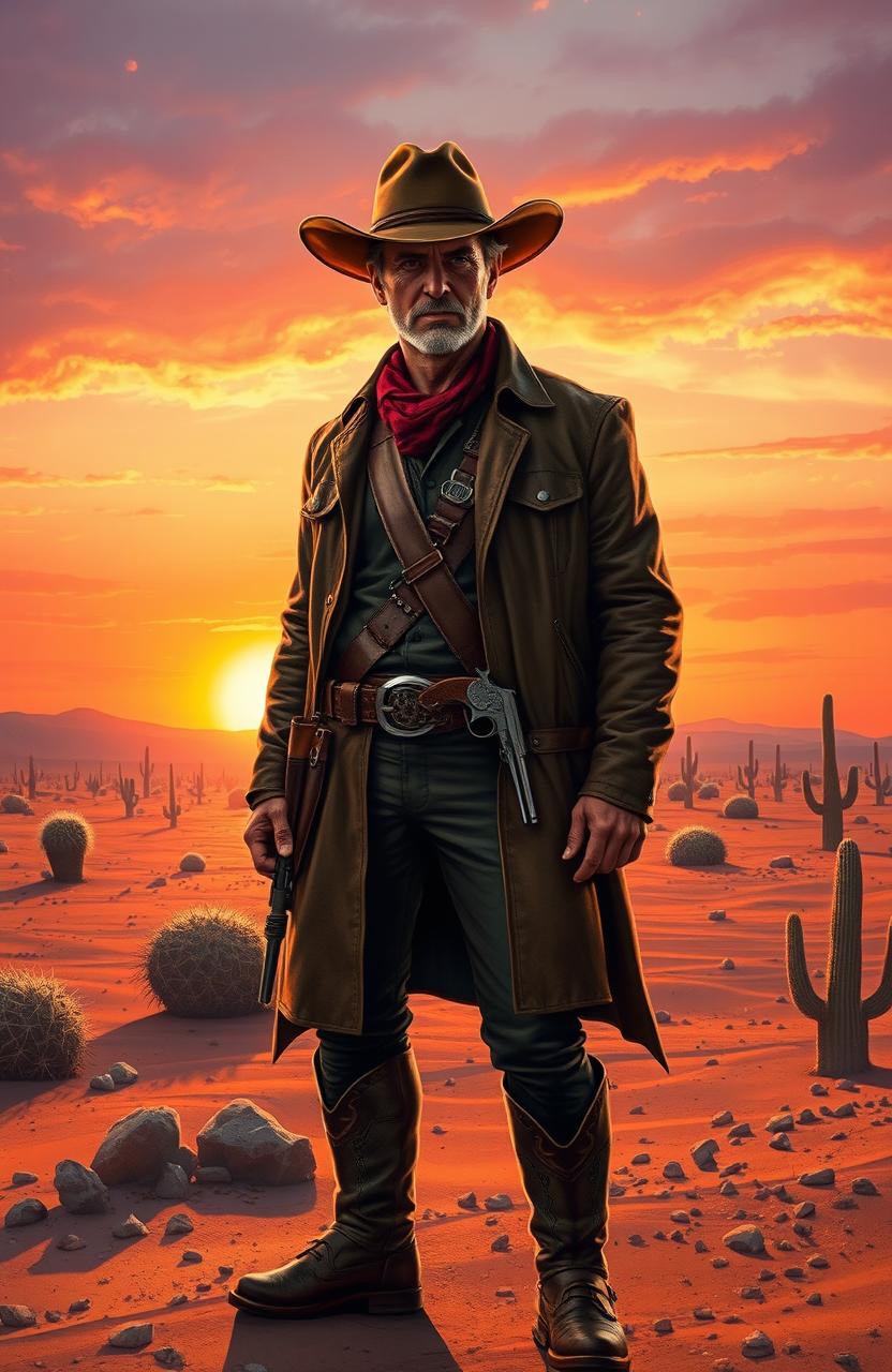 A realistic depiction of a male western-style bounty hunter standing in a vast desert landscape as the sun sets low on the horizon