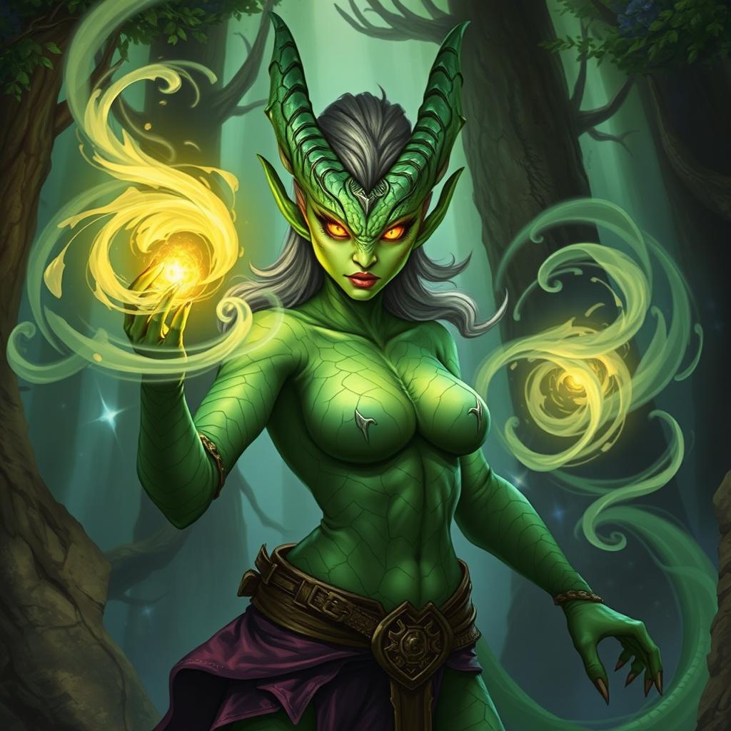 A dragonborn warlock from the Dungeons and Dragons universe, showcasing a vibrant green scales and a slightly feminine muscular build with a small chest