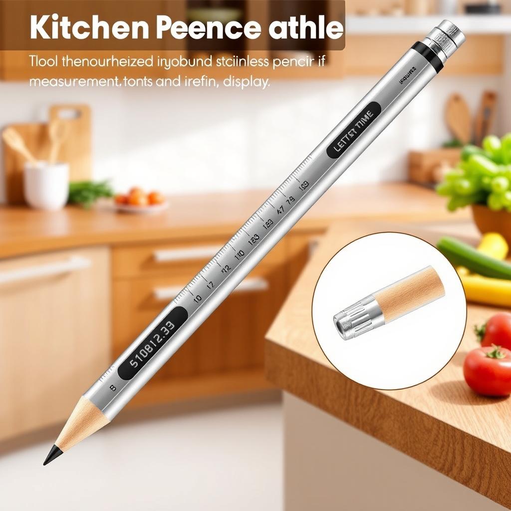 A unique kitchen tool design featuring a pencil that doubles as a measuring device
