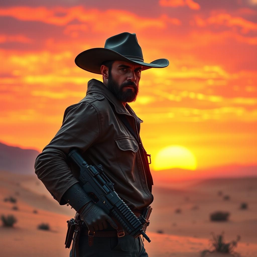 A rugged bounty hunter stands in a vast desert landscape, silhouetted against the vibrant colors of a sunset