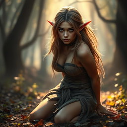 A sensual elf slave with alluring features, wearing a tattered slave collar and ragged clothing, kneeling on the ground with her hands bound behind her back