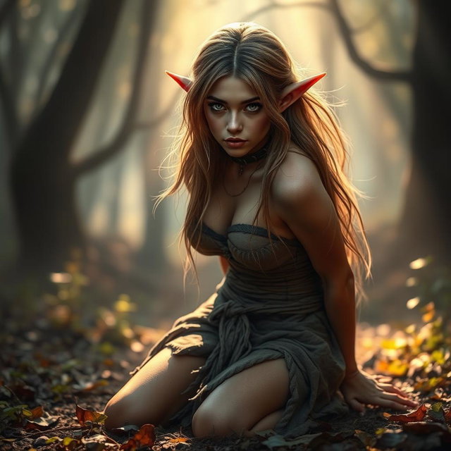 A sensual elf slave with alluring features, wearing a tattered slave collar and ragged clothing, kneeling on the ground with her hands bound behind her back