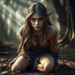 A sensual elf slave with alluring features, wearing a tattered slave collar and ragged clothing, kneeling on the ground with her hands bound behind her back