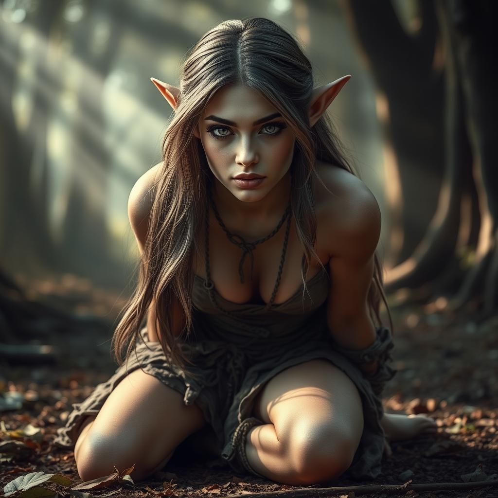 A sensual elf slave with alluring features, wearing a tattered slave collar and ragged clothing, kneeling on the ground with her hands bound behind her back