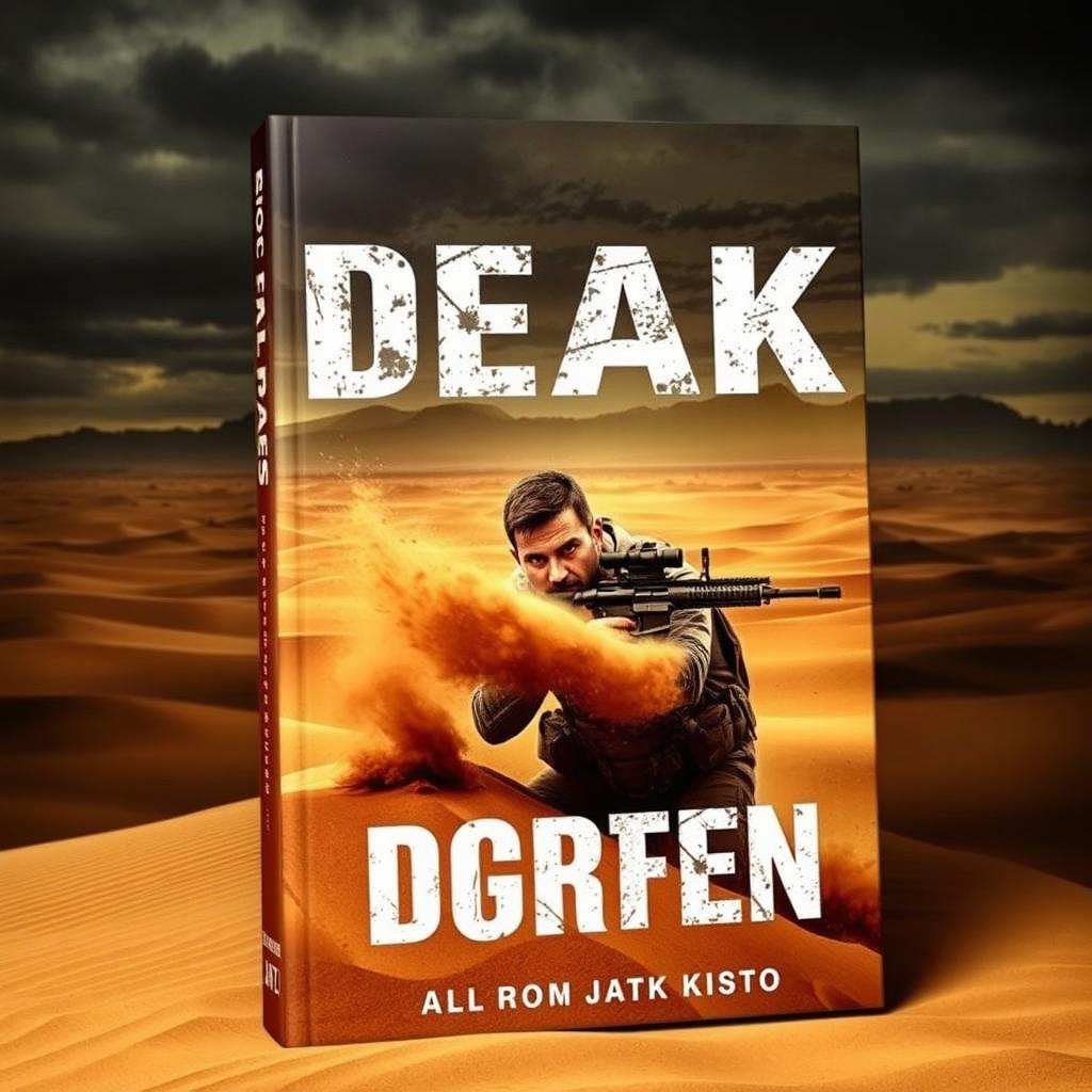 A dramatic book cover featuring a rugged military man engaged in combat in a vast desert landscape