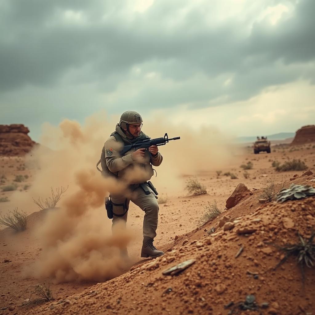 A military man engaged in combat in a desolate desert landscape, showcasing the intensity of battle with a moody and dark atmosphere