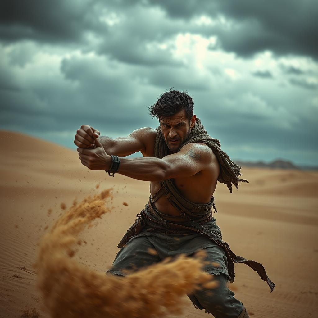 A dramatic scene depicting a man engaged in a fierce fight in a vast desert landscape