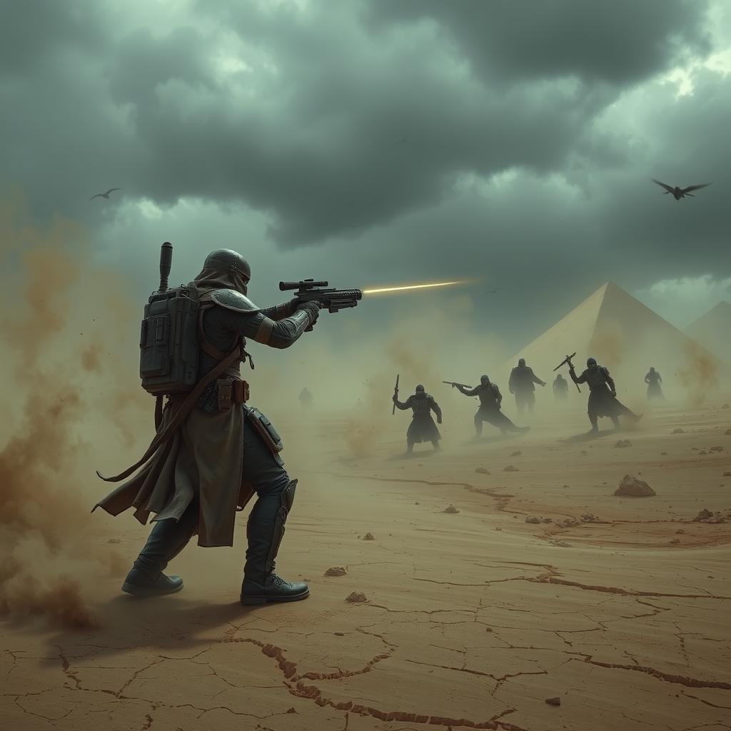 A lone bounty hunter engaged in a fierce battle in a vast, desolate desert landscape