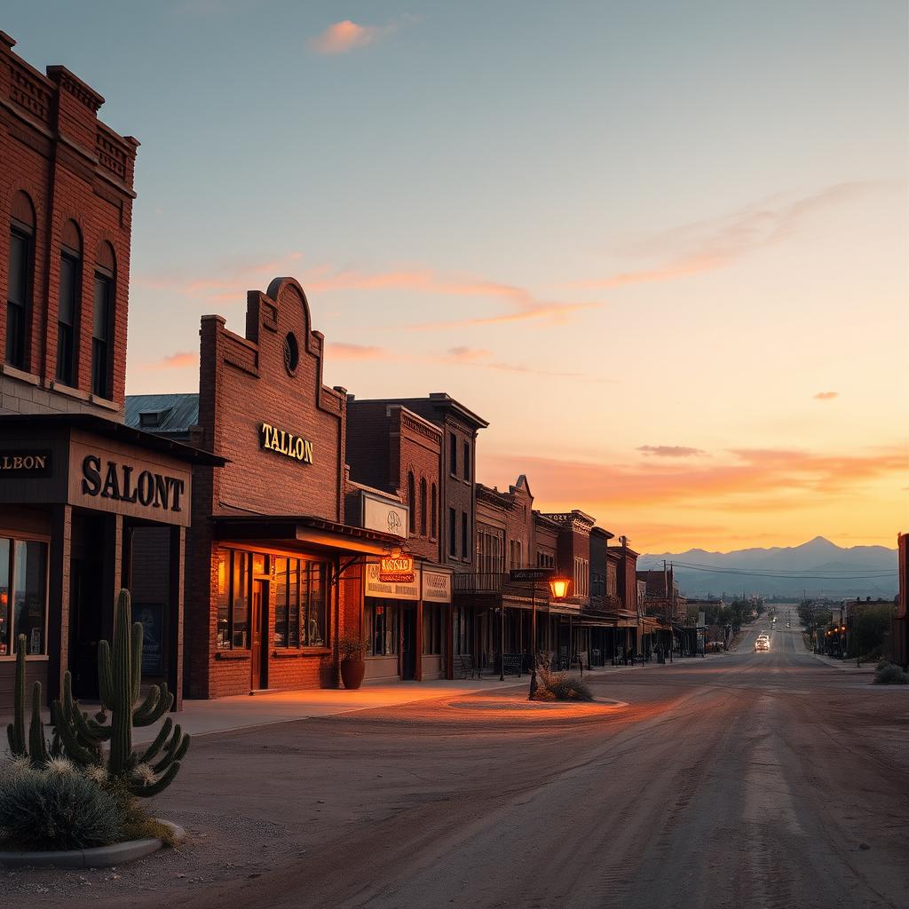 A sprawling western cityscape at dusk, characterized by dusty roads and classic brick buildings with wooden storefronts