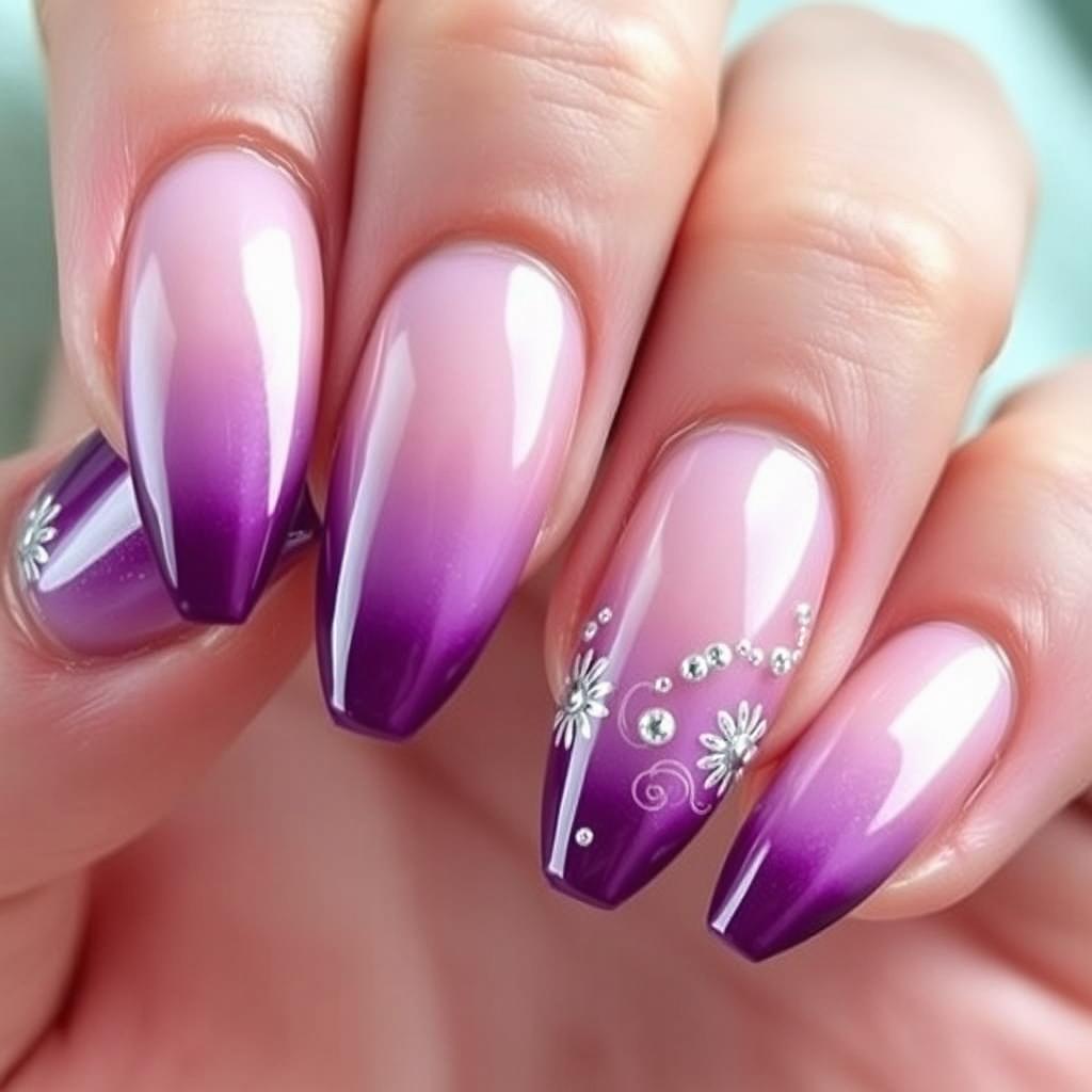 A beautifully manicured set of nails, showcasing a vibrant gradient of colors transitioning from deep purple at the base to a sparkling metallic silver at the tips, adorned with intricate nail art designs featuring delicate floral patterns and small rhinestones for added glamour