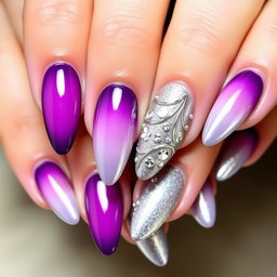 A beautifully manicured set of nails, showcasing a vibrant gradient of colors transitioning from deep purple at the base to a sparkling metallic silver at the tips, adorned with intricate nail art designs featuring delicate floral patterns and small rhinestones for added glamour