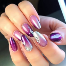 A beautifully manicured set of nails, showcasing a vibrant gradient of colors transitioning from deep purple at the base to a sparkling metallic silver at the tips, adorned with intricate nail art designs featuring delicate floral patterns and small rhinestones for added glamour