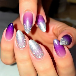 A beautifully manicured set of nails, showcasing a vibrant gradient of colors transitioning from deep purple at the base to a sparkling metallic silver at the tips, adorned with intricate nail art designs featuring delicate floral patterns and small rhinestones for added glamour