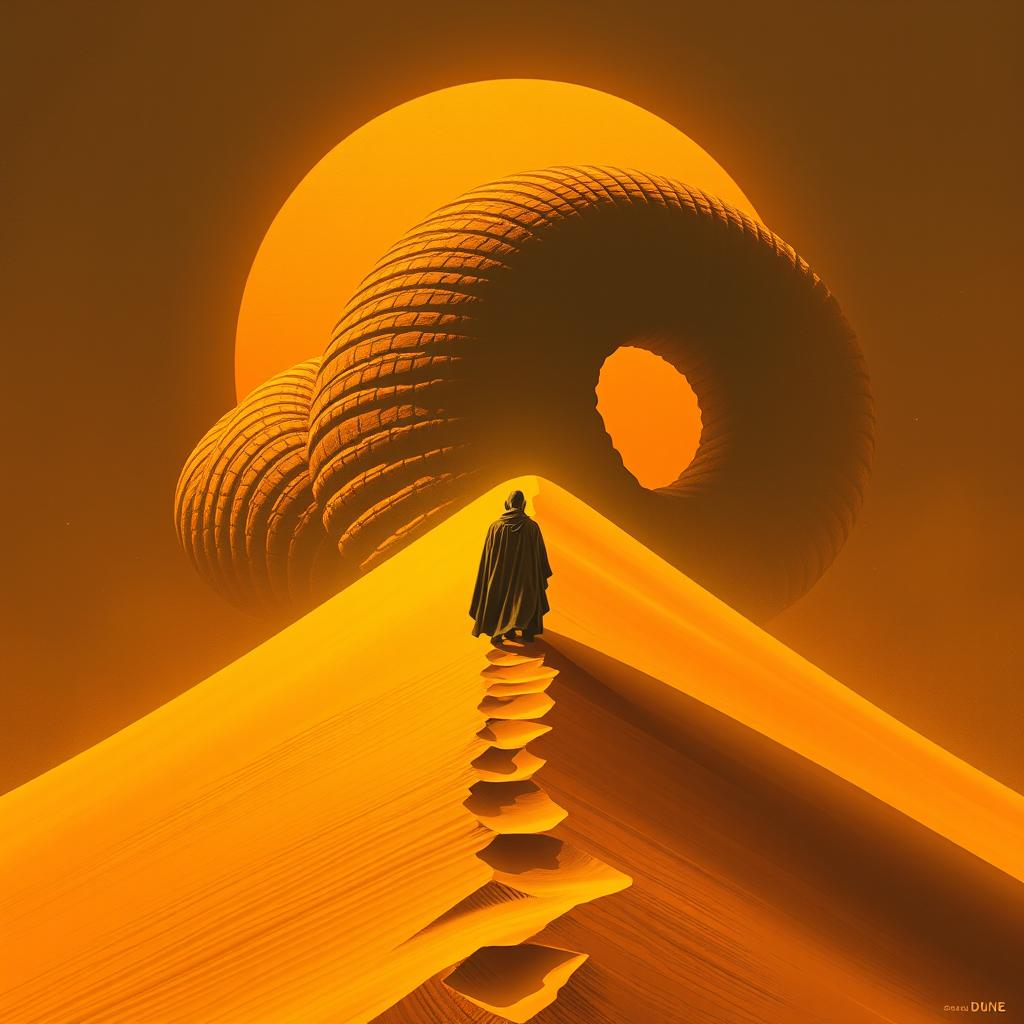 An expressionism art style movie poster for the film DUNE, featuring a massive sand dune as the central subject