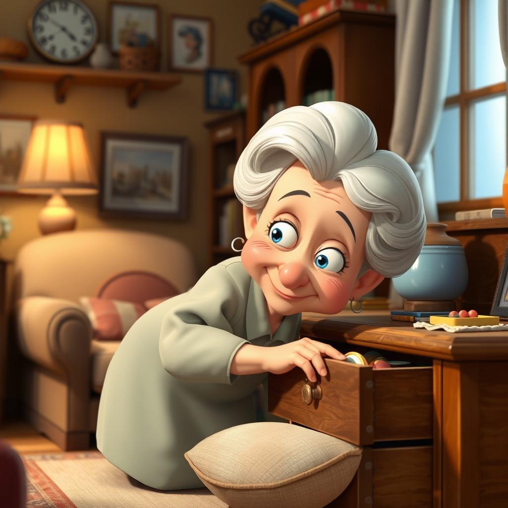 A charming, elderly woman animated character searching for hidden items in a cozy home environment, surrounded by vintage furniture and personal memorabilia