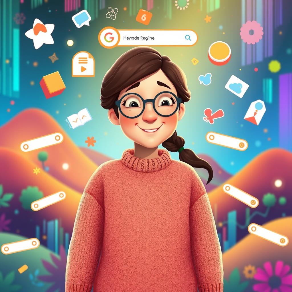 A whimsical animation of a search engine personified as an all-knowing mother figure, radiating warmth and wisdom