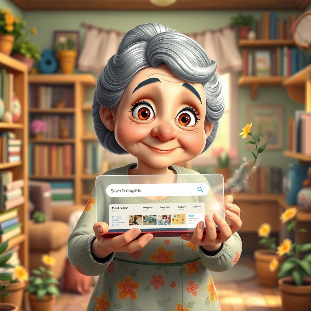 An elderly mother holding a search engine in her hands, depicted in a vibrant and colorful animated style