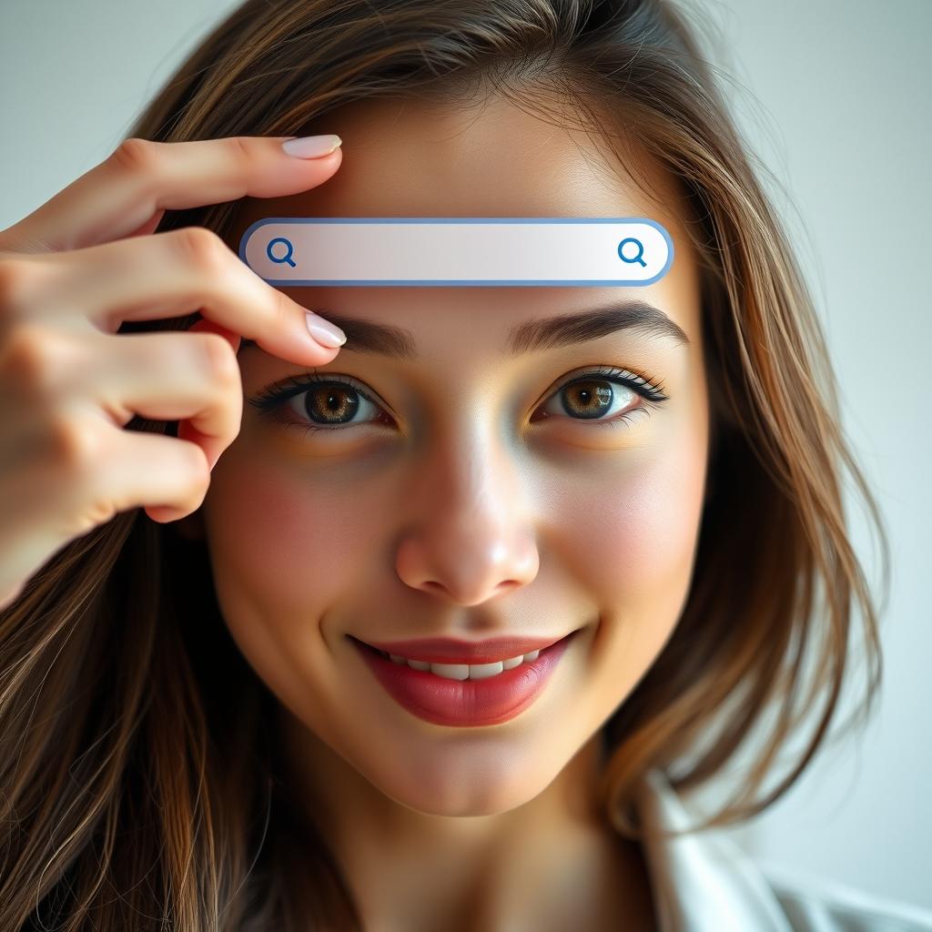 A close-up of a young adult woman with an expressive face, holding a sleek, modern search engine logo above her forehead