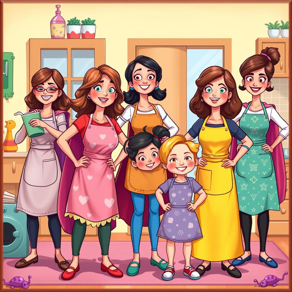 A colorful and vibrant animated scene depicting mothers as superheroes, showcasing them wearing aprons instead of capes
