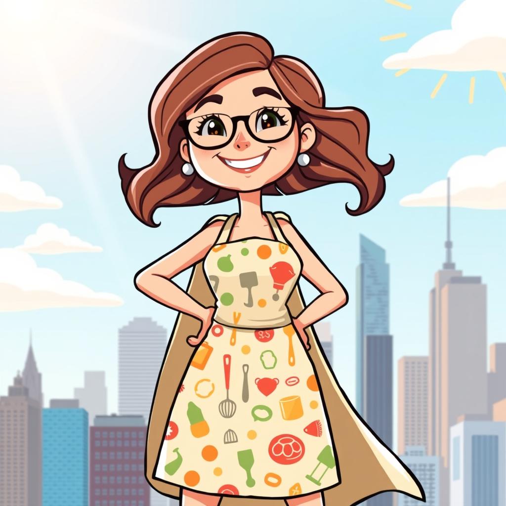 A cartoon-style illustration of a female superhero named Anne, who wears an apron instead of a cape