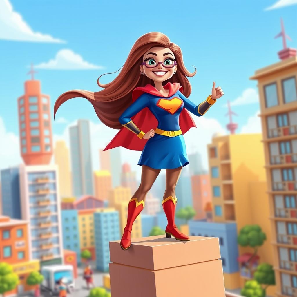 A vibrant and dynamic animation scene featuring a super mom in a heroic pose