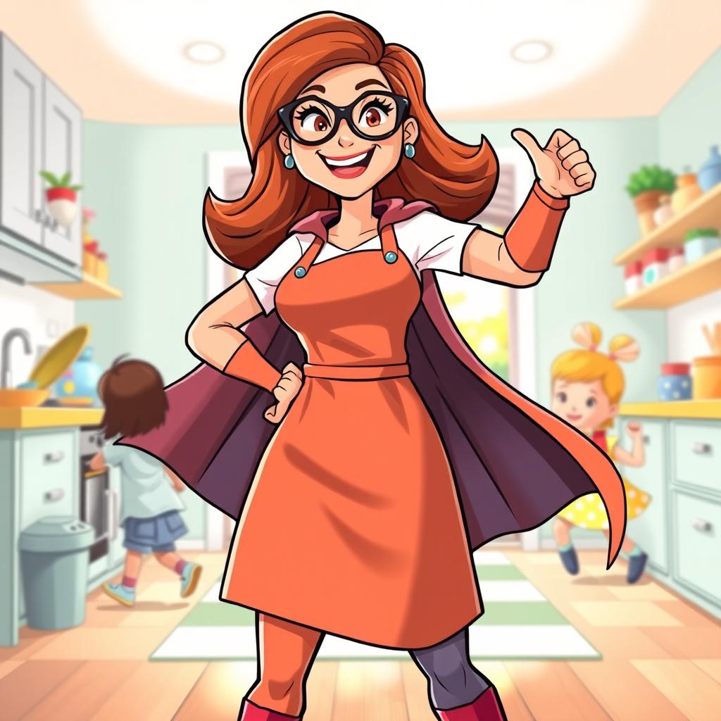 A dynamic illustration of a superhero housewife mother in a bright and colorful animated style