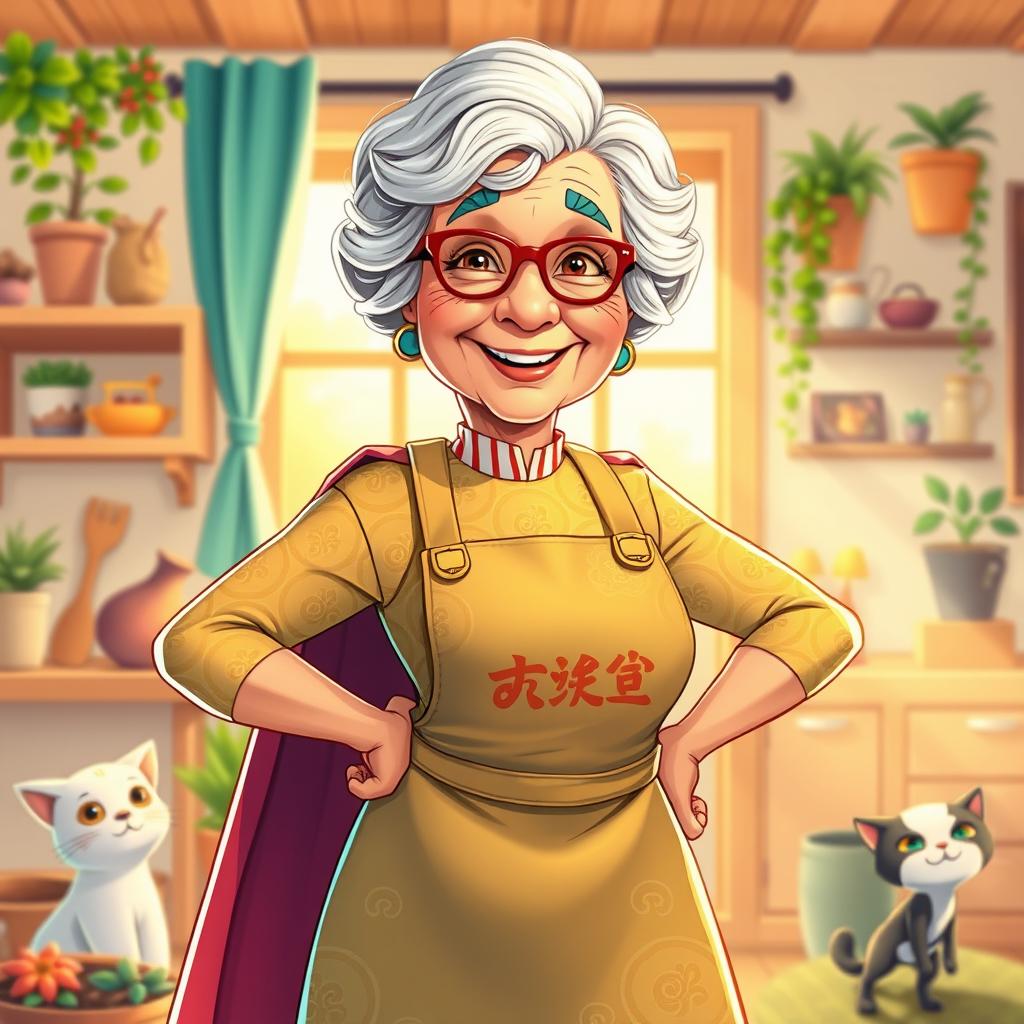 A vibrant illustration of an elderly superhero housewife mother in a colorful animated style