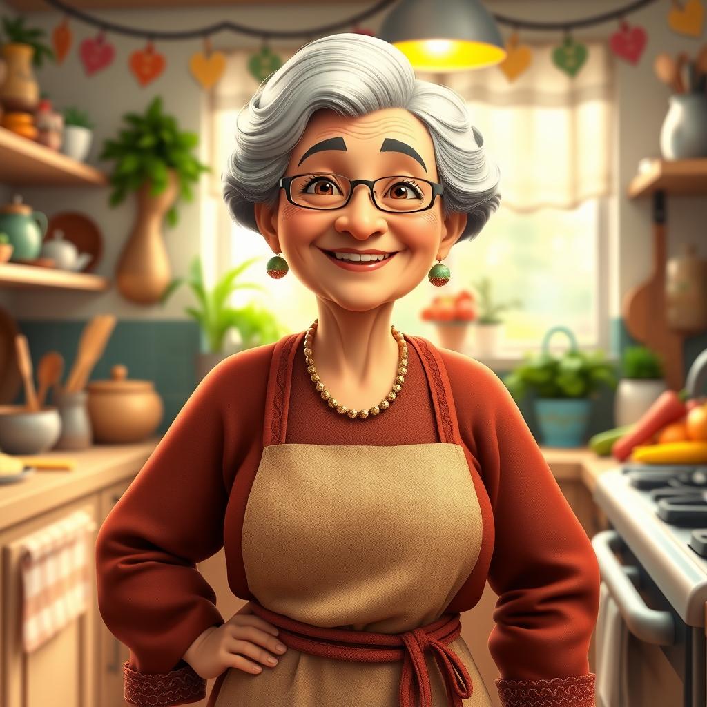 An animated portrayal of a super mom and housewife, depicted as an elderly woman