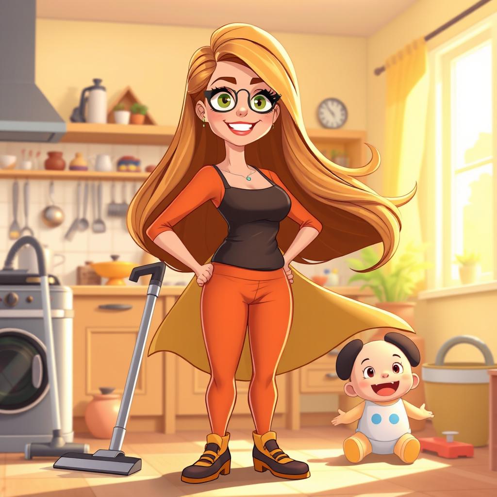 An animated character design of a super mom and housewife, featuring a confident woman with a warm smile, wearing a stylish yet practical outfit suitable for daily chores