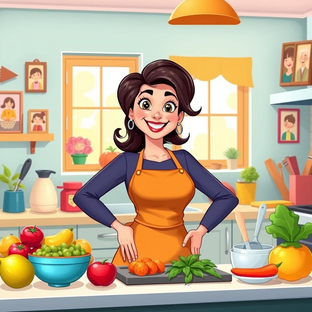 A vibrant and cheerful animated scene showcasing a super mom wearing a stylish kitchen apron, standing in a bright and inviting kitchen