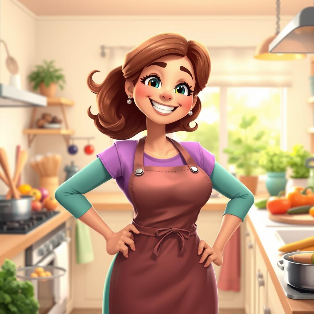 A vibrant and colorful animation of a super mom wearing an apron without sleeves, standing in a bright and welcoming kitchen
