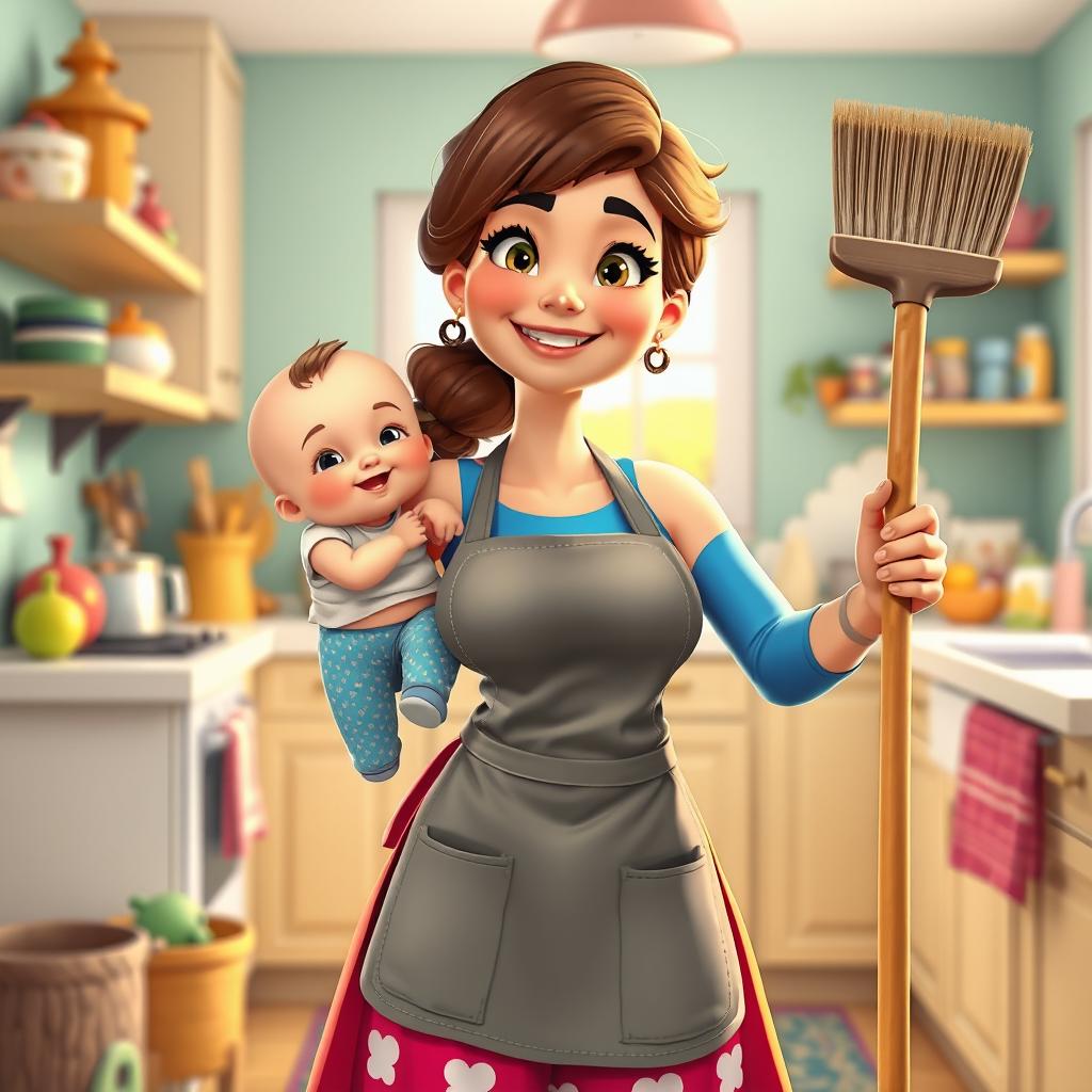 A lively and colorful animation of a super mom with no sleeves on her apron, embodying multitasking excellence in a bright kitchen