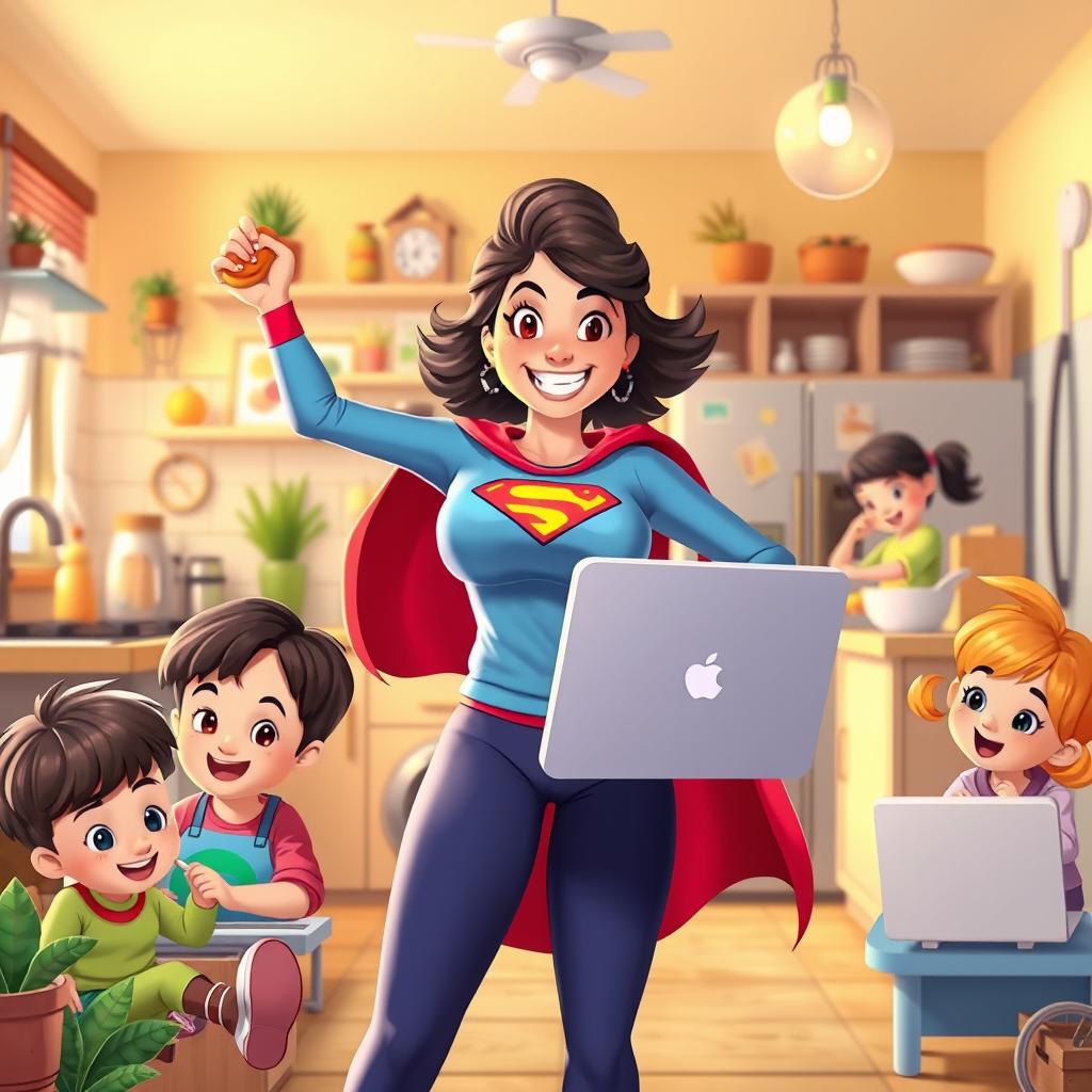 A vibrant and dynamic animation depicting a super mom effortlessly managing her daily tasks without a cape