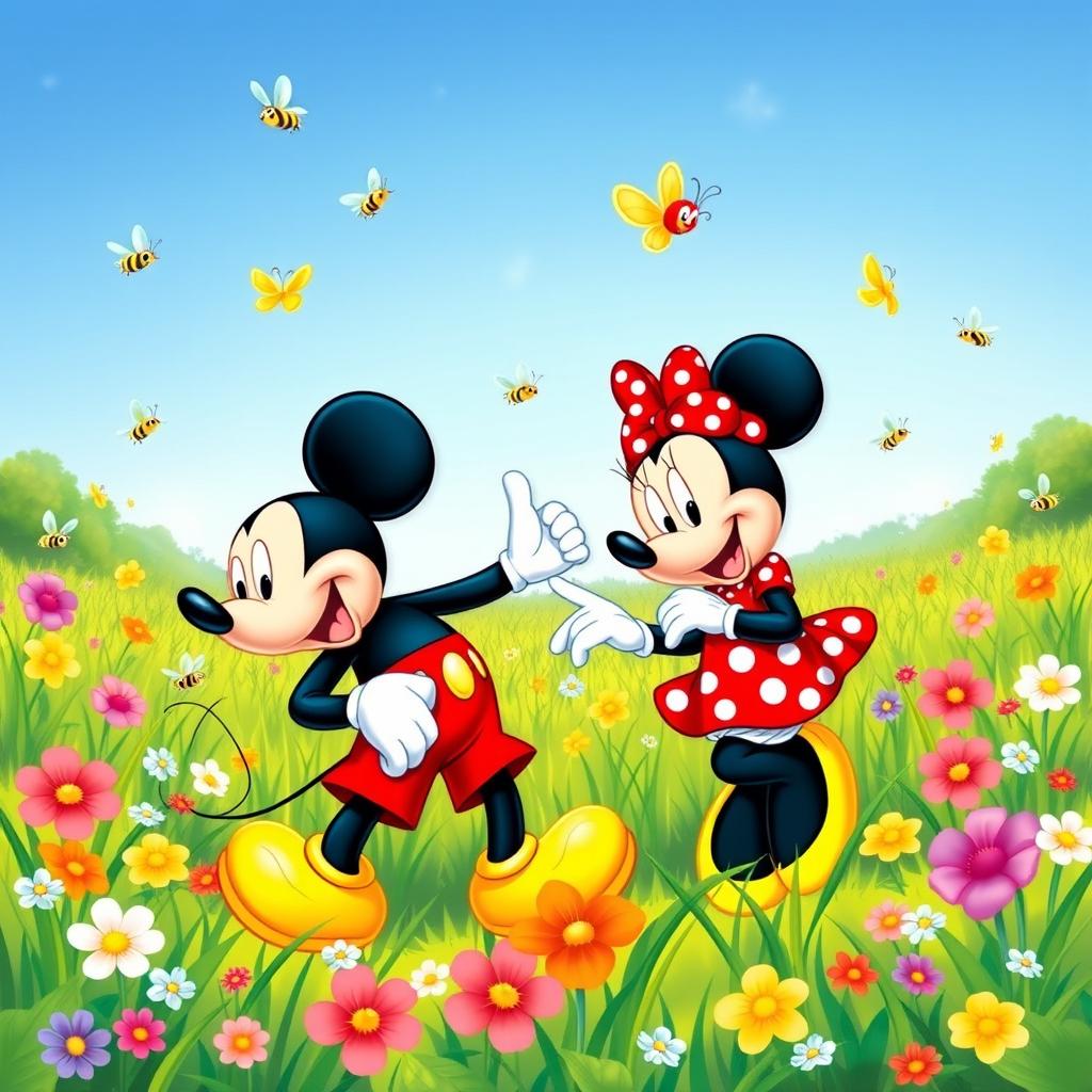 Mickey Mouse and Minnie Mouse enjoying a sunny day in a vibrant green meadow filled with colorful flowers