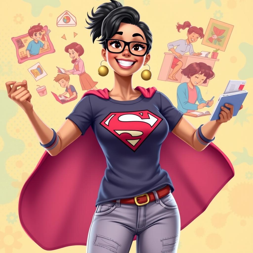 A dynamic and vibrant animation of a super mom wearing a superhero t-shirt, showing her exceptional multitasking abilities