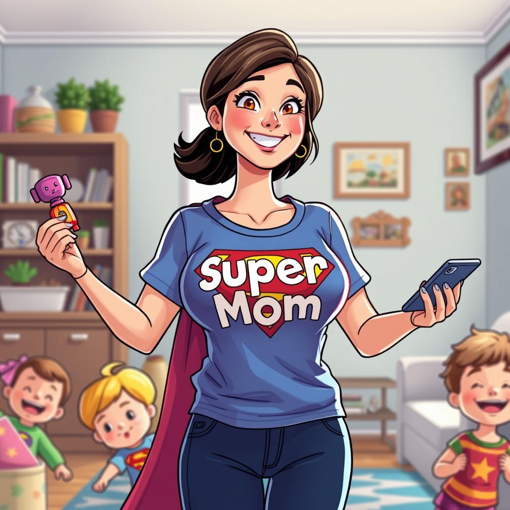 An animation featuring a super mom wearing a t-shirt with the phrase 'Super Mom' printed on it