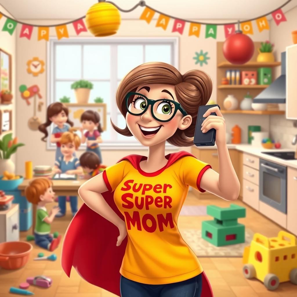 An animated scene featuring a super mom wearing a vibrant 'Super Mom' t-shirt, showcasing her multitasking skills