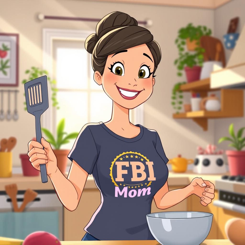 An animated scene featuring a housewife wearing a t-shirt with the "FBI Mom" logo
