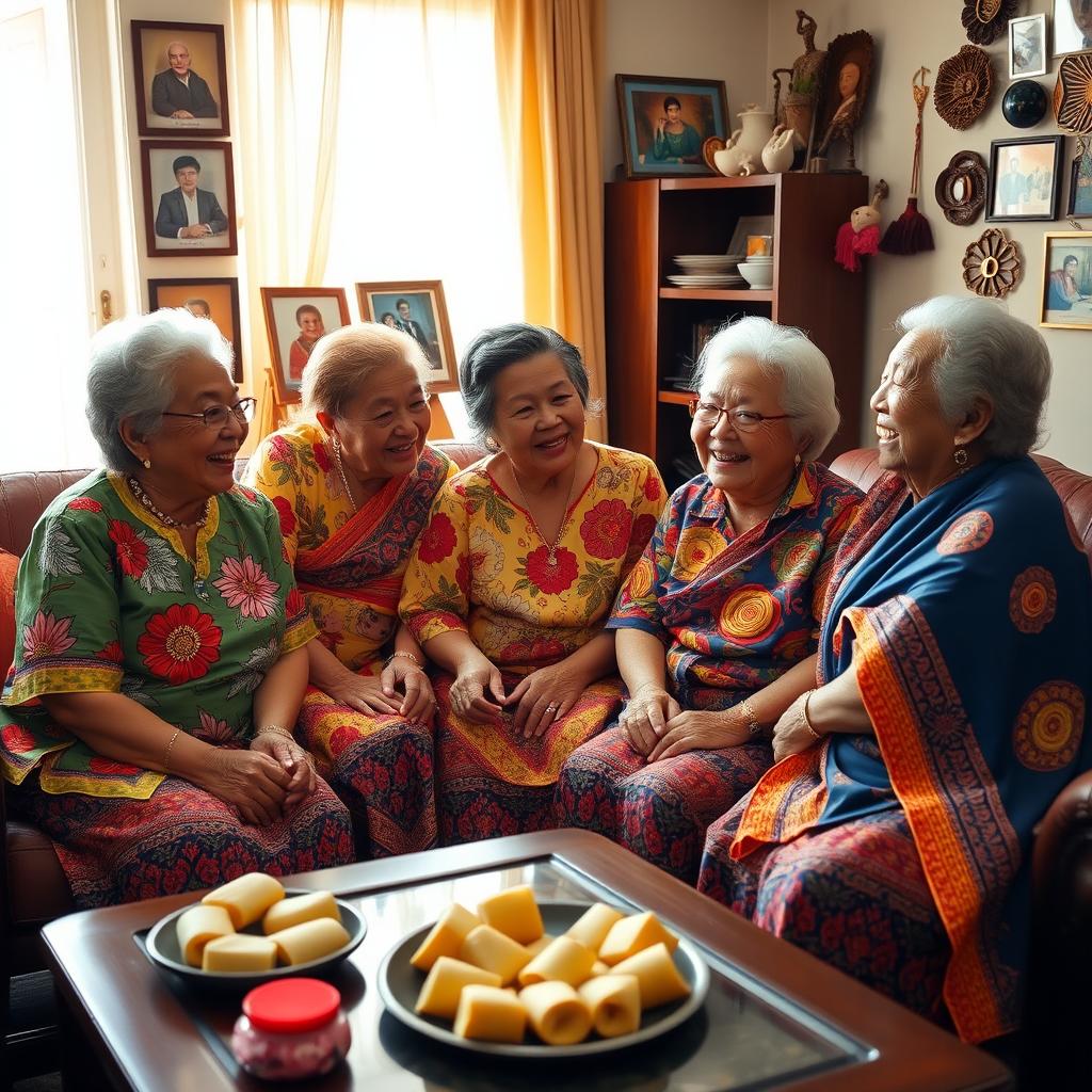 A warm and inviting scene featuring a group of cheerful Filipina grandmas gathered in a cozy living room