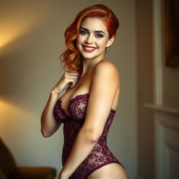 A slender 35-year-old woman with vibrant red hair, elegantly showcasing her curvy figure and large breasts in beautiful lingerie