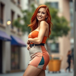 A slender 35-year-old woman with striking red hair, confidently showcasing her curvy figure and large breasts in a stylish mini skirt