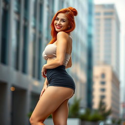 A slender 35-year-old woman with vibrant red hair, confidently showcasing her curvy figure and large breasts in a fashionable mini skirt
