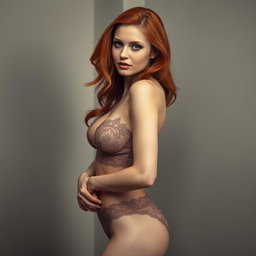 A slender 35-year-old red-haired woman with a curvy bust, elegantly adorned in beautiful lingerie that features intricate lace detailing and a chic design