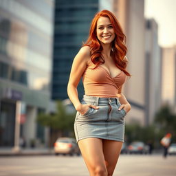 A slender 35-year-old woman with striking red hair, confidently showcasing her curvy figure and ample bust in a stylish mini skirt