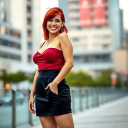 A slender 35-year-old woman with striking red hair, confidently showcasing her curvy figure and ample bust in a stylish mini skirt