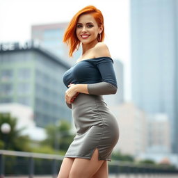 A slender 35-year-old woman with striking red hair, confidently flaunting her curves and generous bust while wearing a fashionable mini skirt