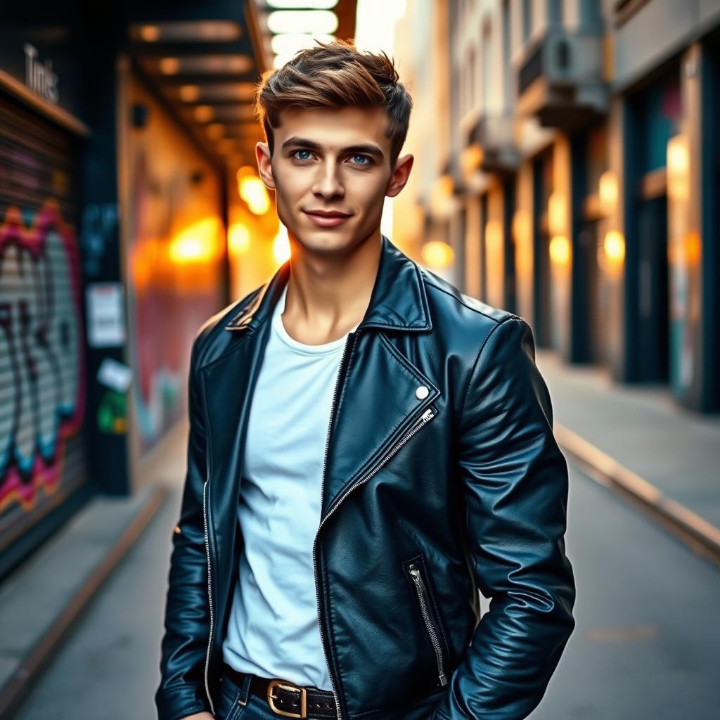A handsome young man in a stylish outfit, standing confidently in an urban environment