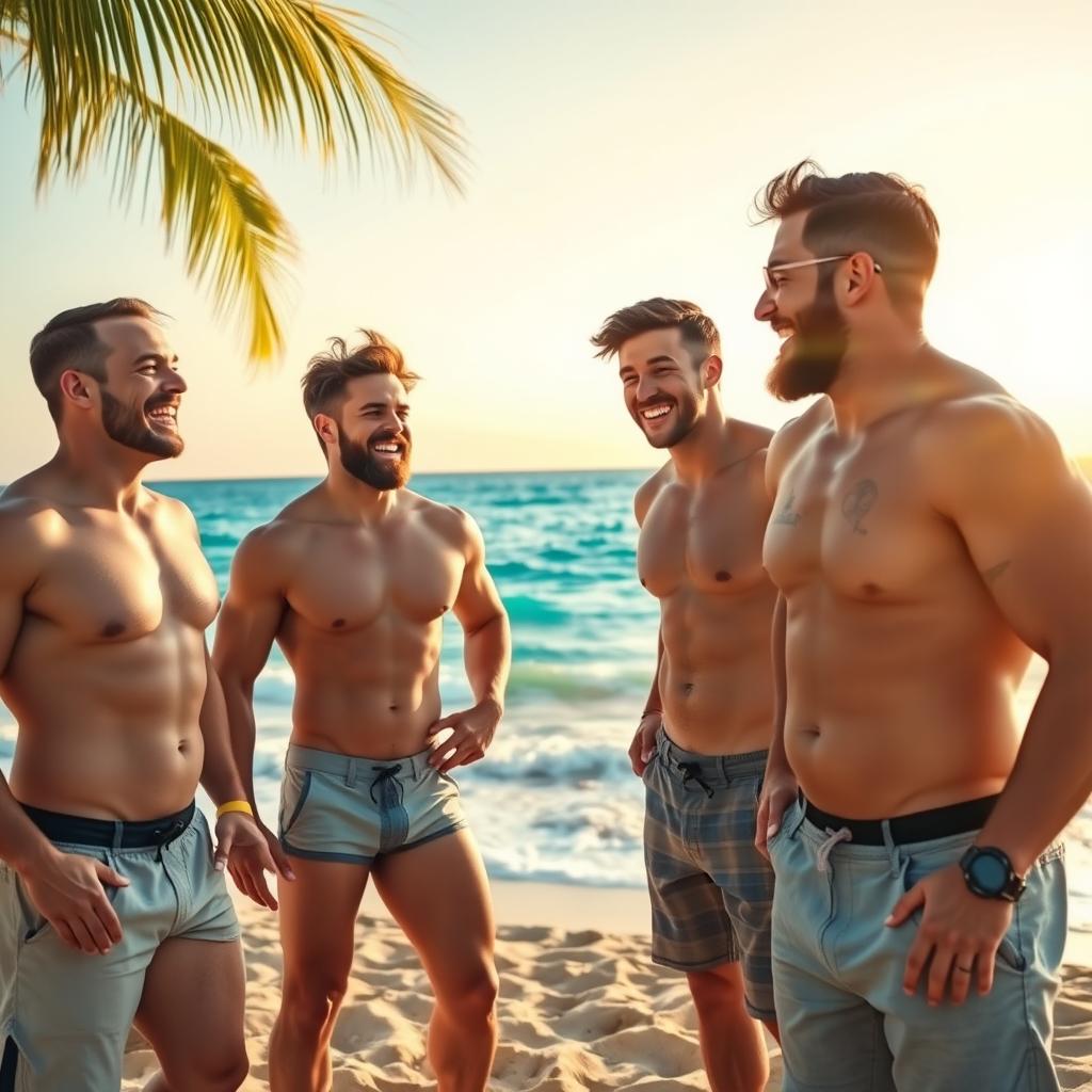 A group of muscular men enjoying a sunny beach day, standing confidently without shirts, showcasing their toned physiques